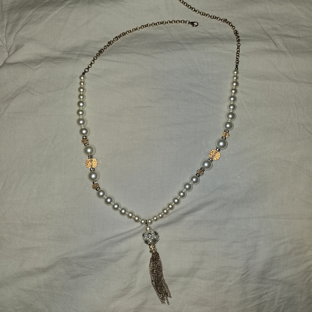 Vintage Gold and Crystal Bead Faux Pearl Tassle Necklace